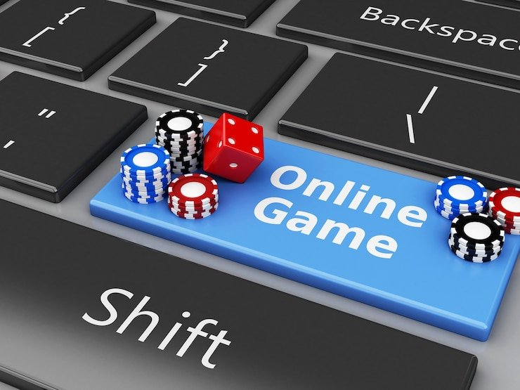 Tampilan layar permainan arcade dengan latar belakang berwarna-warni dan simbol permainan