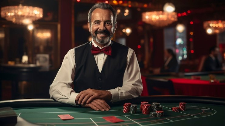 Dealer live di studio blackjack paushoki, berinteraksi dengan pemain melalui chat real-time